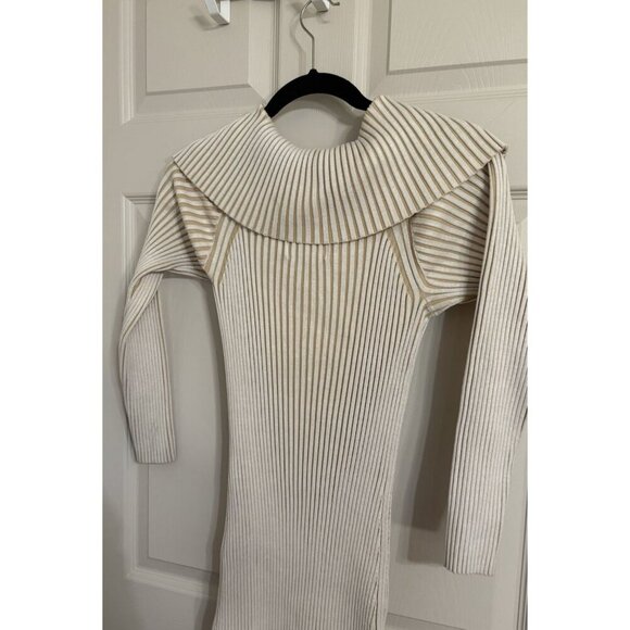 Off the Shoulder Anthropologie Dress Womens Medium Tan Cream Ribbed Body Hugging - Picture 5 of 6